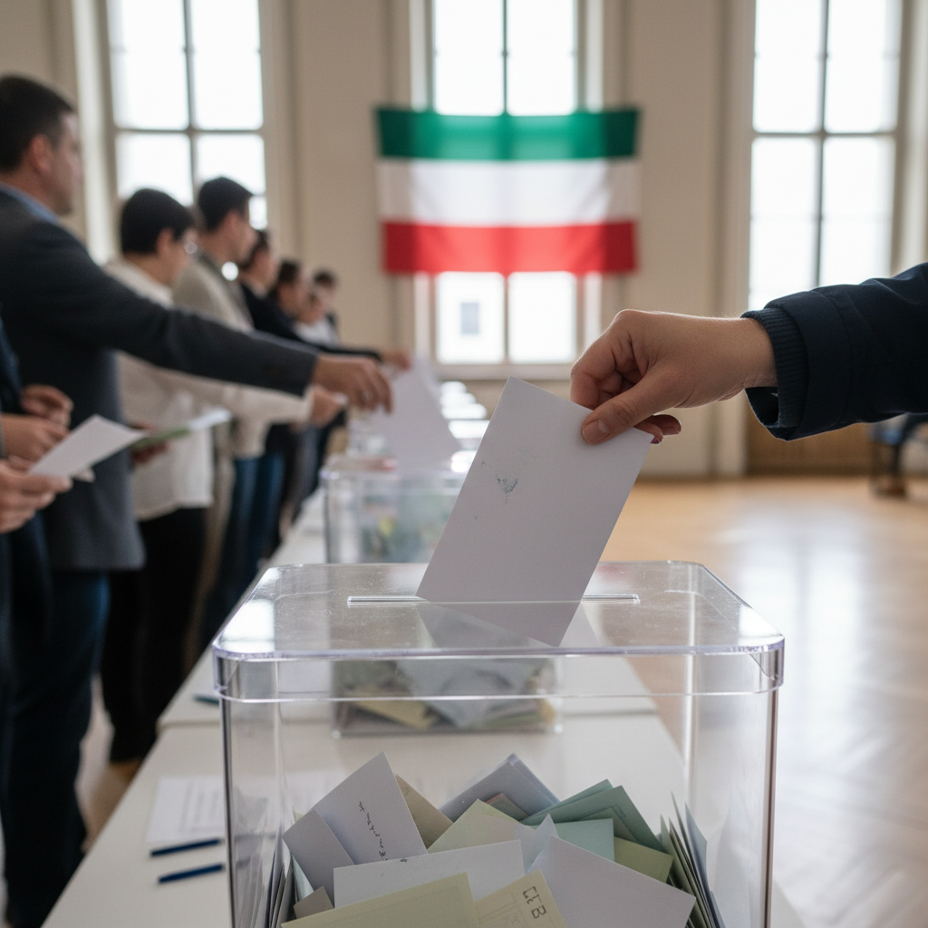 A hand casting a vote into a ballot box.