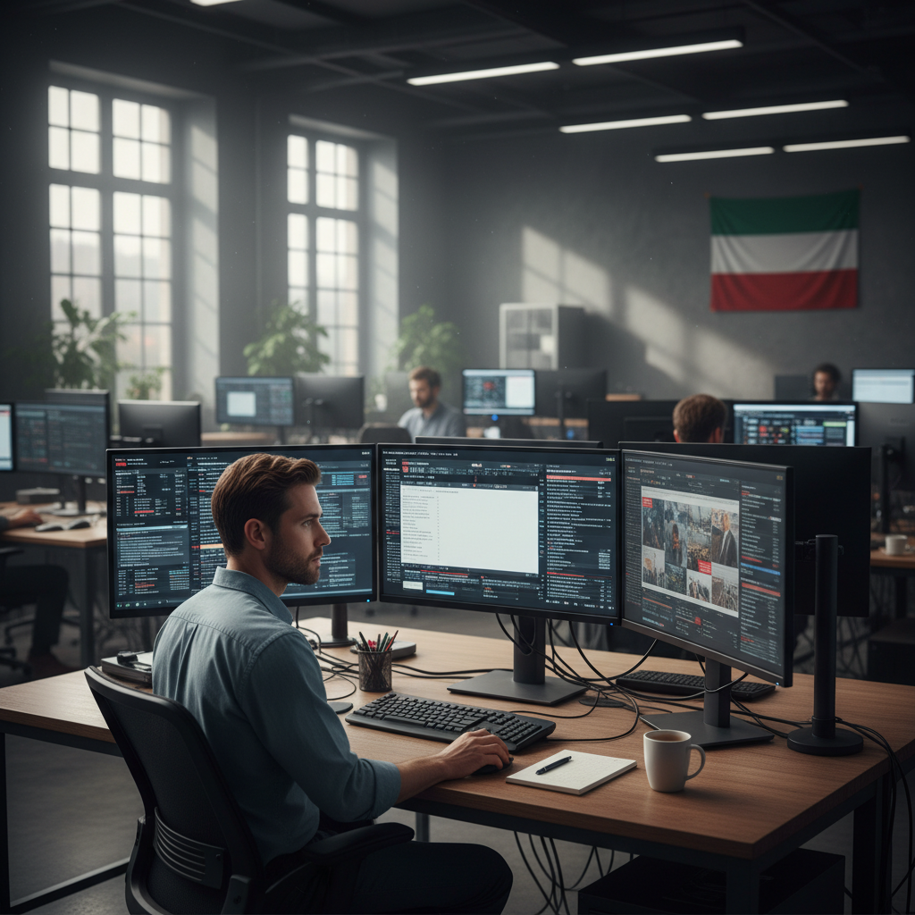 Journalist monitoring multiple screens