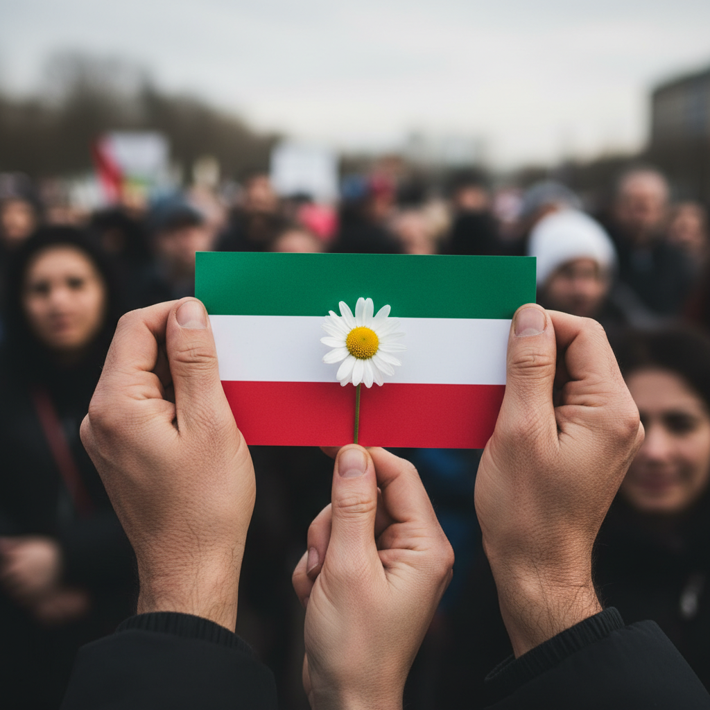 Hands holding an Iranian flag and a flower at a solidarity gathering.