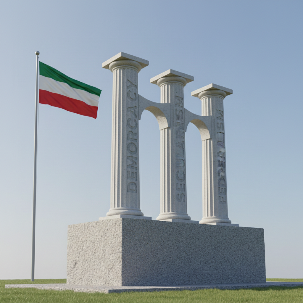 Illustration of three pillars representing democracy, secularism, and federalism.