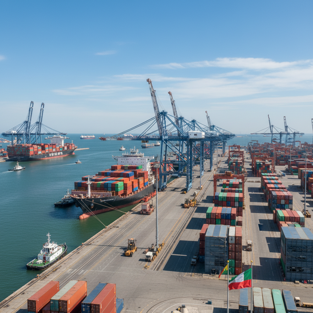 Busy port symbolizing international trade