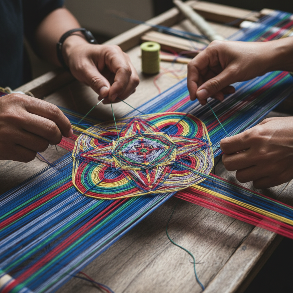 Hands weaving colorful threads
