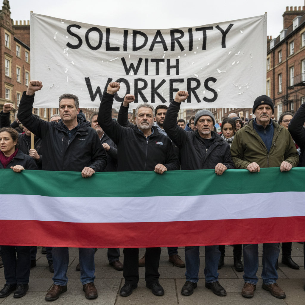 People showing solidarity with striking workers, some holding plain Iranian flags.