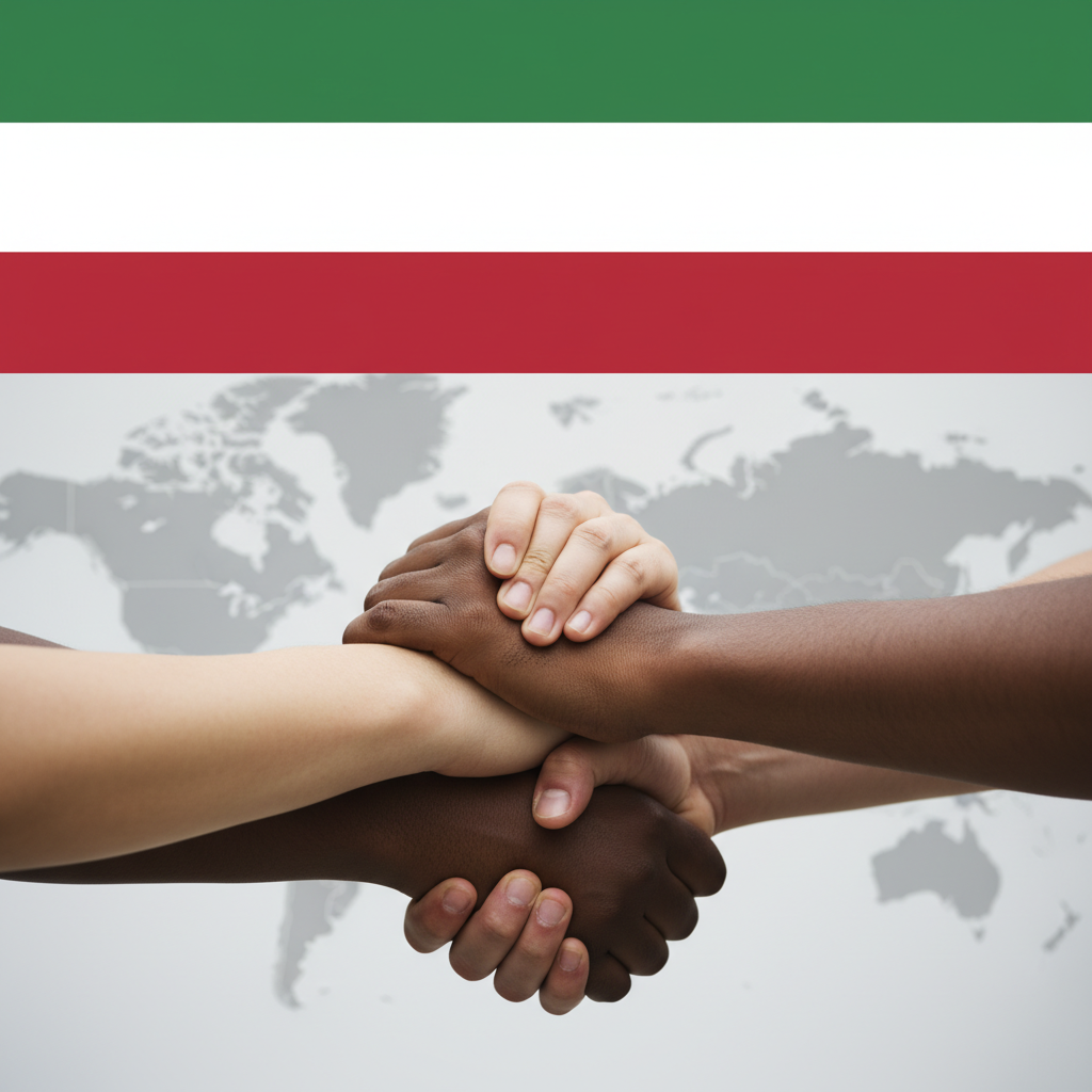 Diverse hands clasped together over a map of Iran.