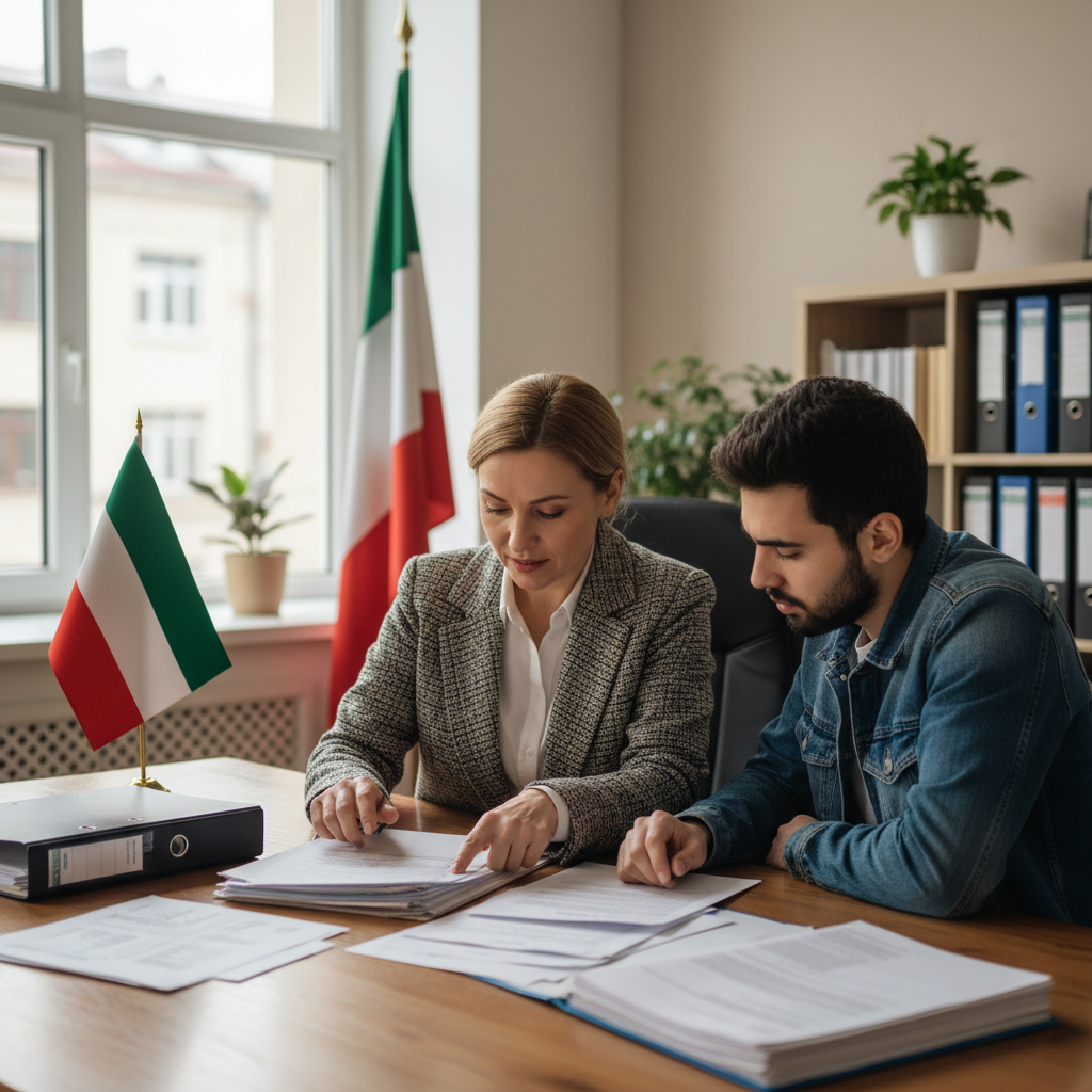 Volunteer explaining documents to an asylum seeker.